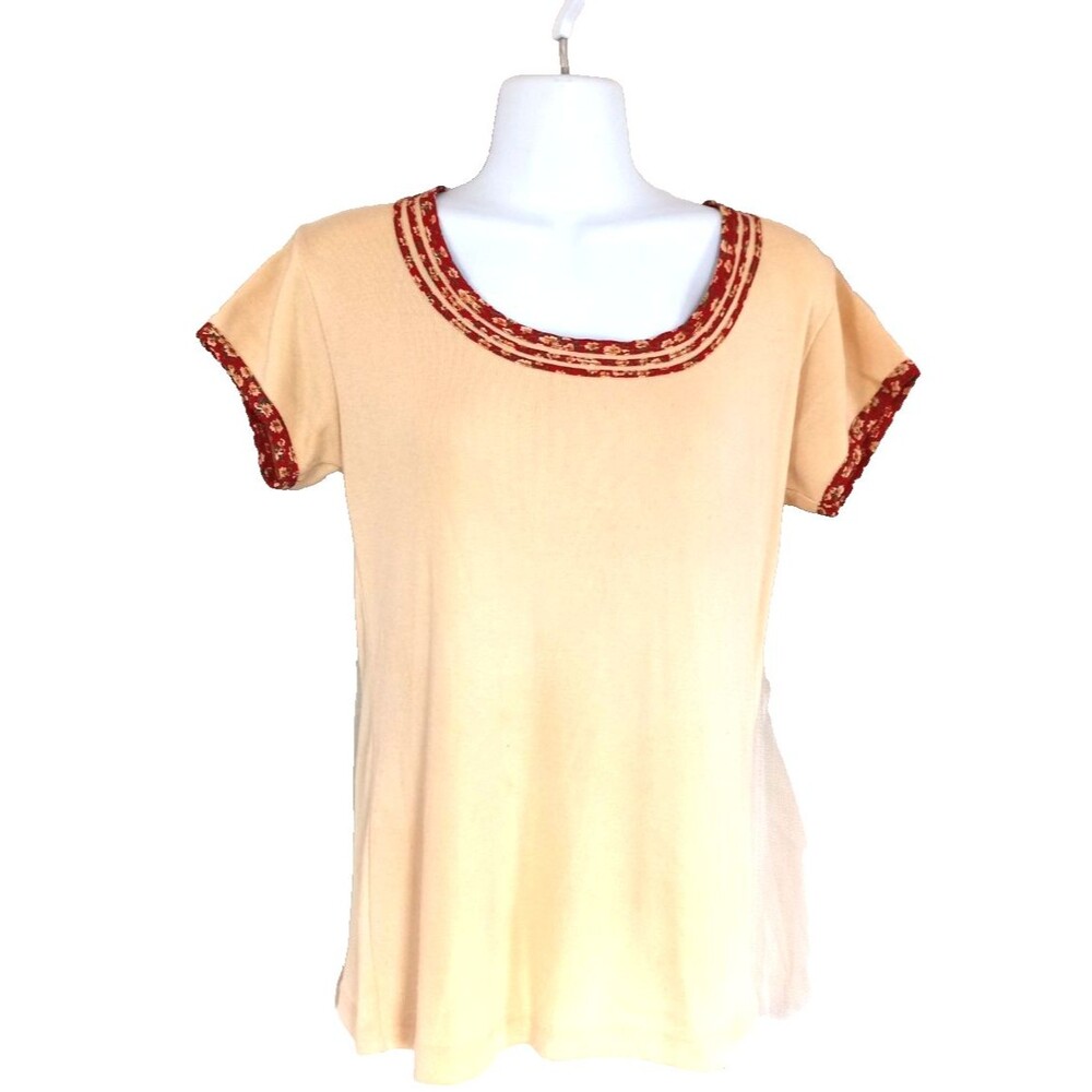Vintage 1970's Express Tricot Beige Ribbon Trimmed T-Shirt Size Large